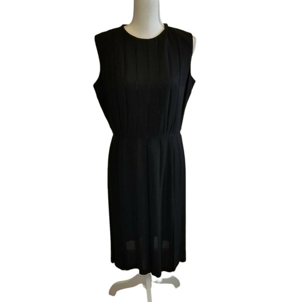 Vintage 60s 70s Black Sheath Dress Accordion‎ Pleated Skirt Crochet Detail Sz L